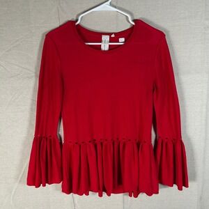 Guest Editor Red Peplum Bell Sleeve Eyelet Cutout Ribbed Knit Top Small